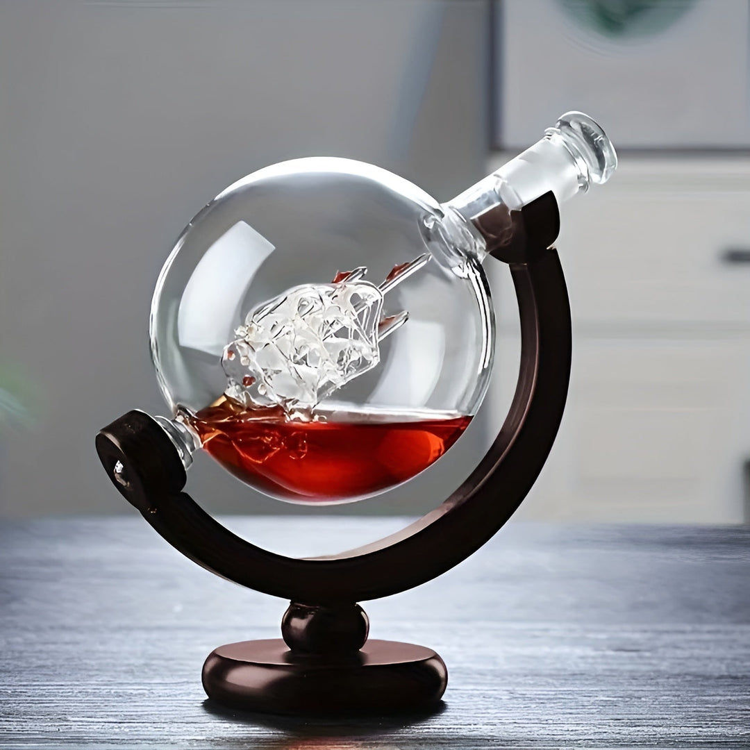 Whisky Decanter Set in Globe Shape – Lead-Free Carafe with Wooden Stand | Includes 2 Whisky Glasses | Bowlift