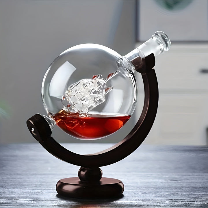 Whisky Decanter Set in Globe Shape – Lead-Free Carafe with Wooden Stand | Includes 2 Whisky Glasses | Bowlift