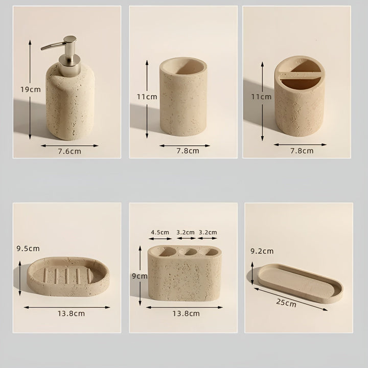 Natural stone toothbrush holder – with soap dispenser and shelf | Elegant bathroom accessories made of travertine | Bowlift