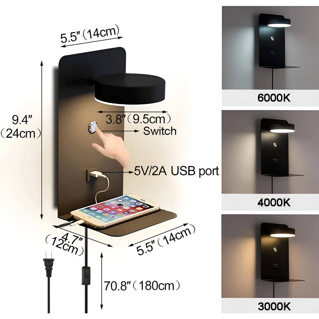 BowLift | ChargeBright Luxe LED Wall Lamp with USB Charging Port - Modern Black-White Design