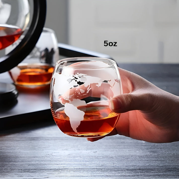 Whisky Decanter Set in Globe Shape – Lead-Free Carafe with Wooden Stand | Includes 2 Whisky Glasses | Bowlift