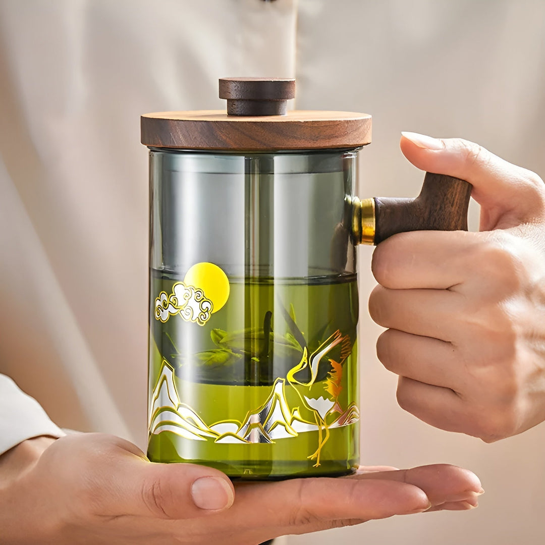 Glass tea cup with wooden handle - Heat resistant & with tea strainer | Ideal for home | Bowlift