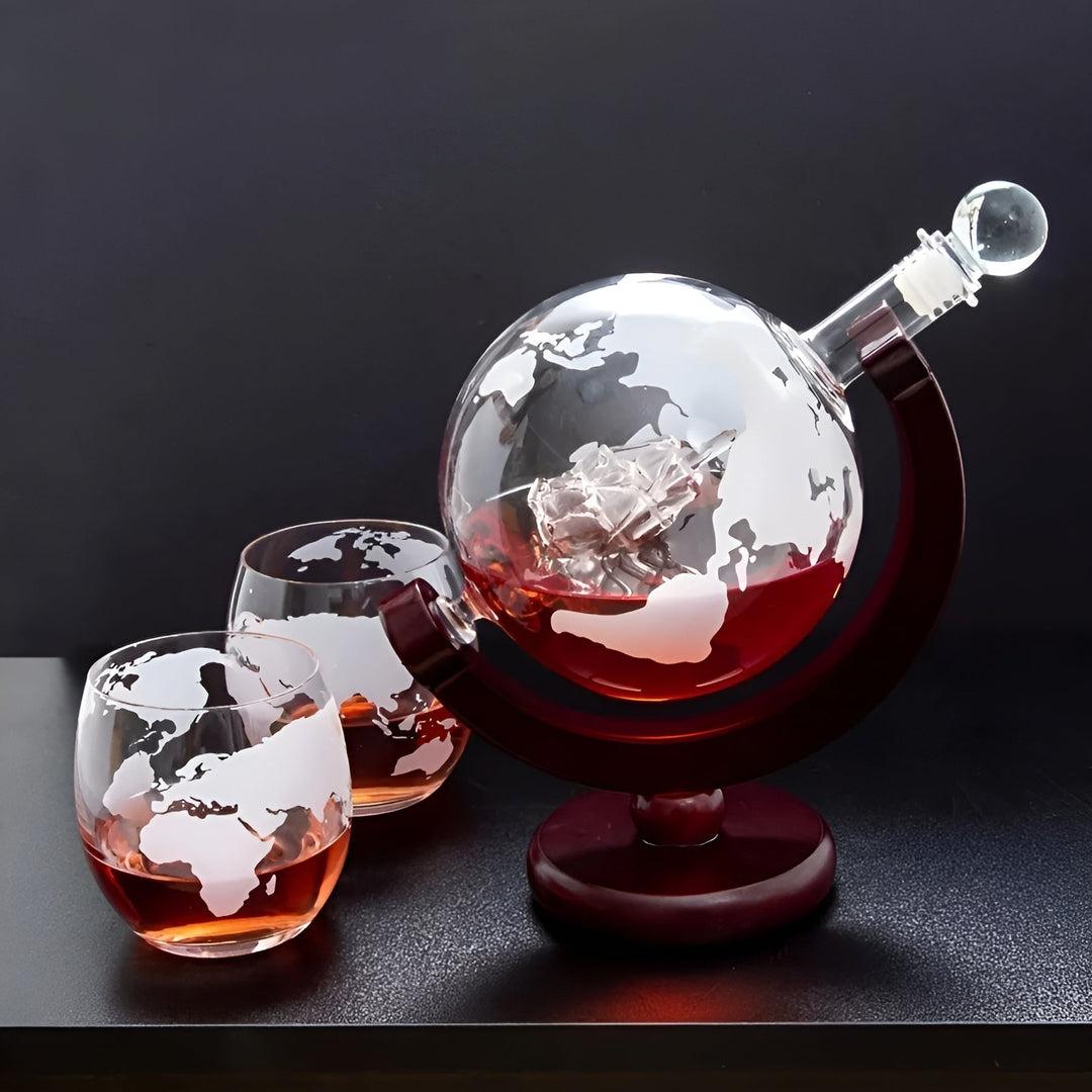 Whisky Decanter Set in Globe Shape – Lead-Free Carafe with Wooden Stand | Includes 2 Whisky Glasses | Bowlift
