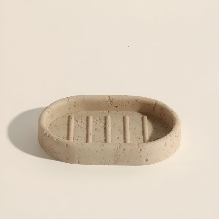 Natural stone toothbrush holder – with soap dispenser and shelf | Elegant bathroom accessories made of travertine | Bowlift