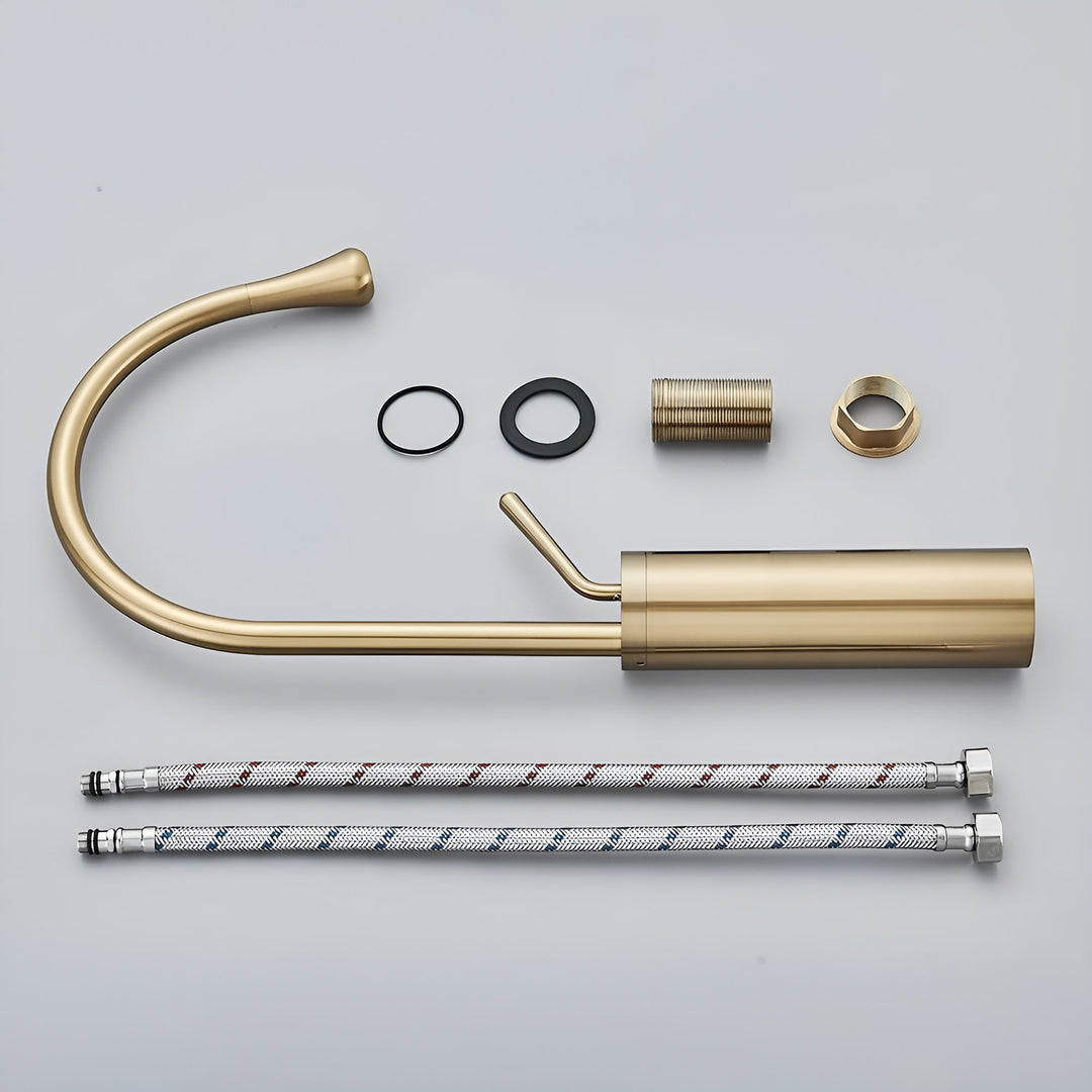 Washbasin tap in brushed look – countertop tap, hot-cold mixer, brass fitting for the living area | Bowlift