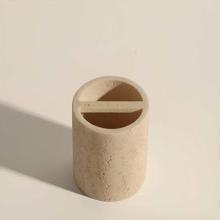 Natural stone toothbrush holder – with soap dispenser and shelf | Elegant bathroom accessories made of travertine | Bowlift