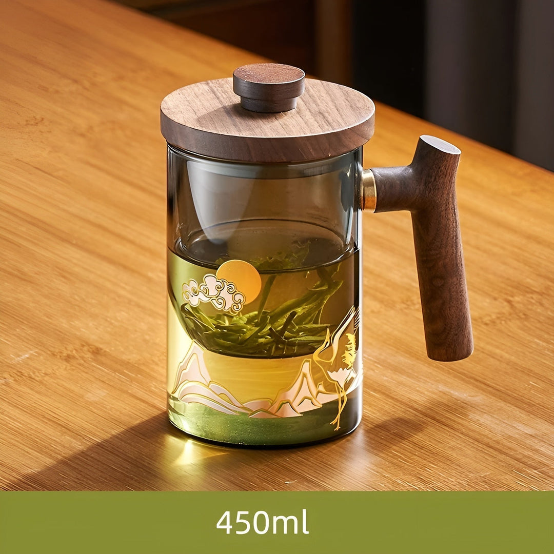 Glass tea cup with wooden handle - Heat resistant & with tea strainer | Ideal for home | Bowlift