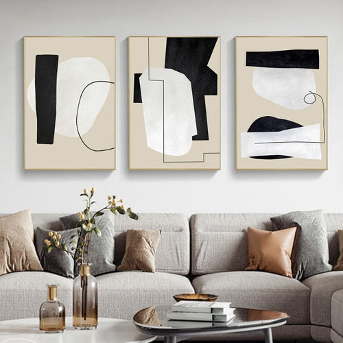 Abstract Geometric Beige & Black Lines - Canvas Wall Art Print | Bowlift