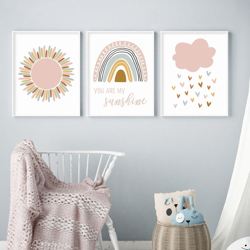 Boho Pink Rainbow Clouds Sunshine Nursery - Canvas Wall Art Print | Bowlift