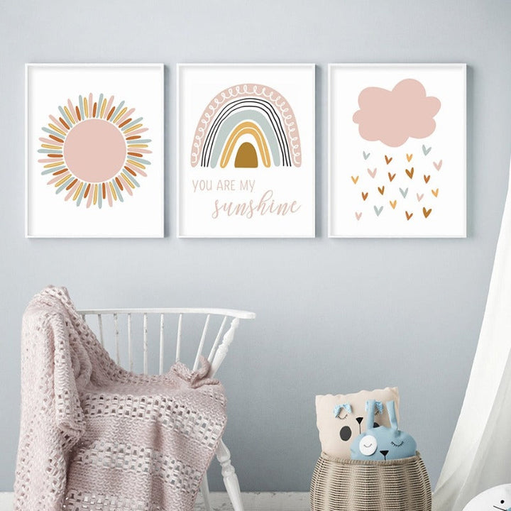 Boho Pink Rainbow Clouds Sunshine Nursery - Canvas Wall Art Print | Bowlift