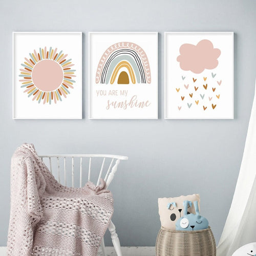 Boho Pink Rainbow Clouds Sunshine Nursery - Canvas Wall Art Print | Bowlift