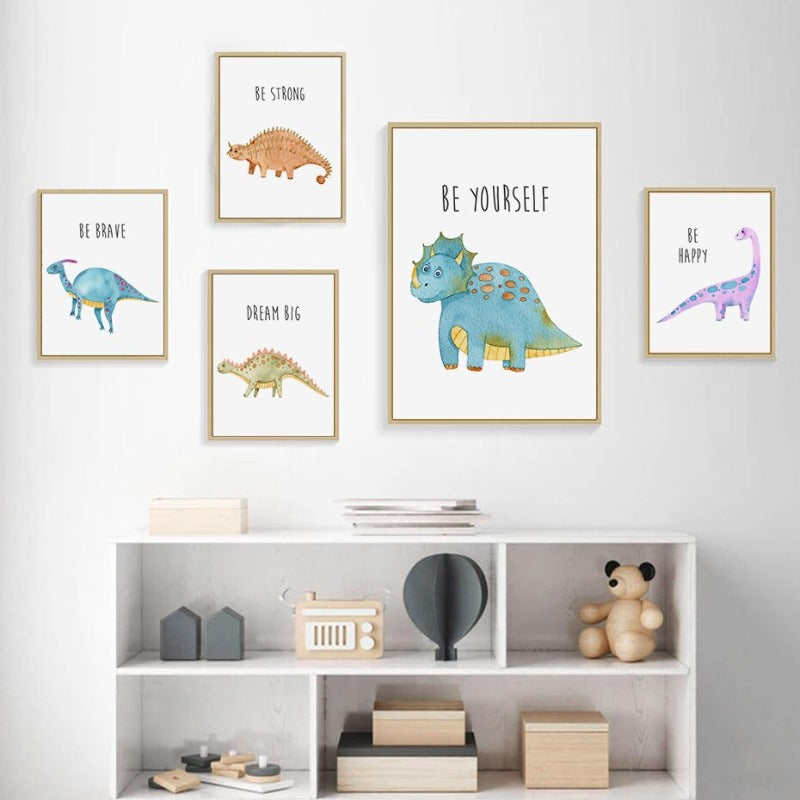 Cartoon Dinosaur Encouragement - Canvas Wall Art Print | Bowlift