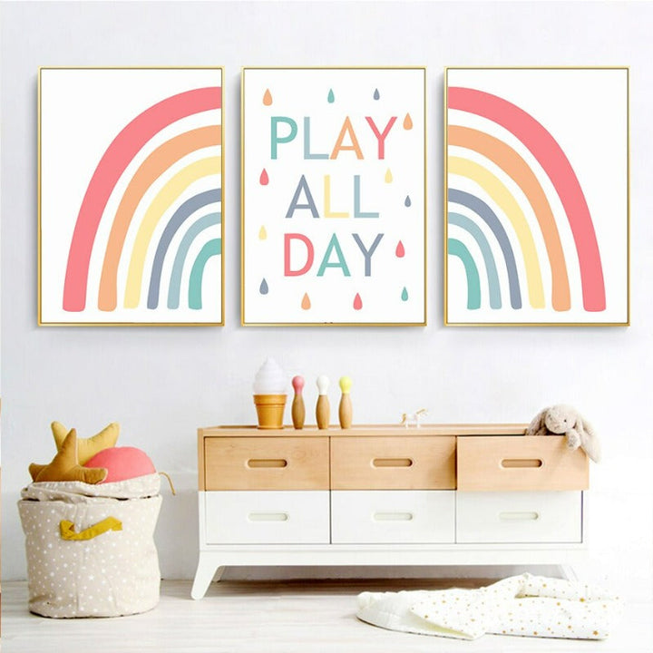 Colorful Rainbow Raindrop Play All Day - Canvas Wall Art Print | Bowlift