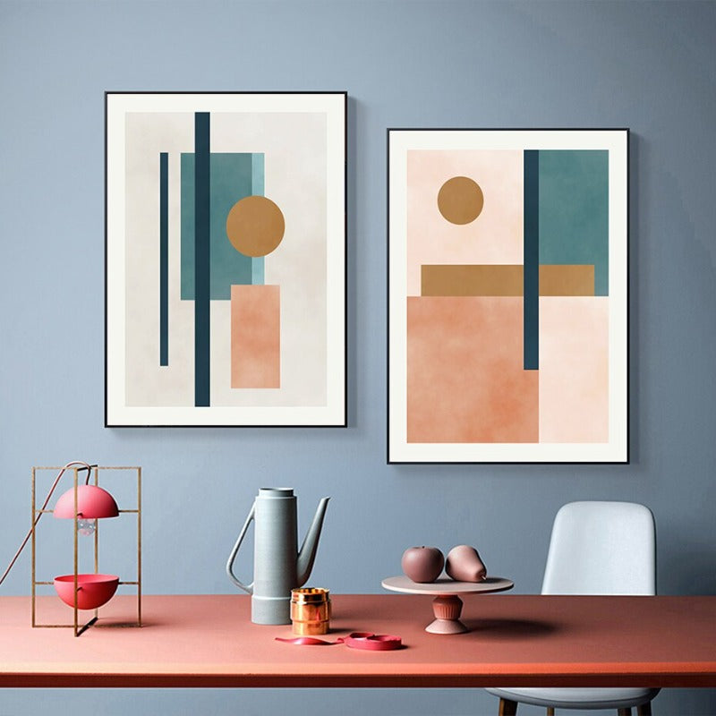 Modern Abstract Beige Pink Blue Geometric Shapes - Canvas Wall Art Print | Bowlift