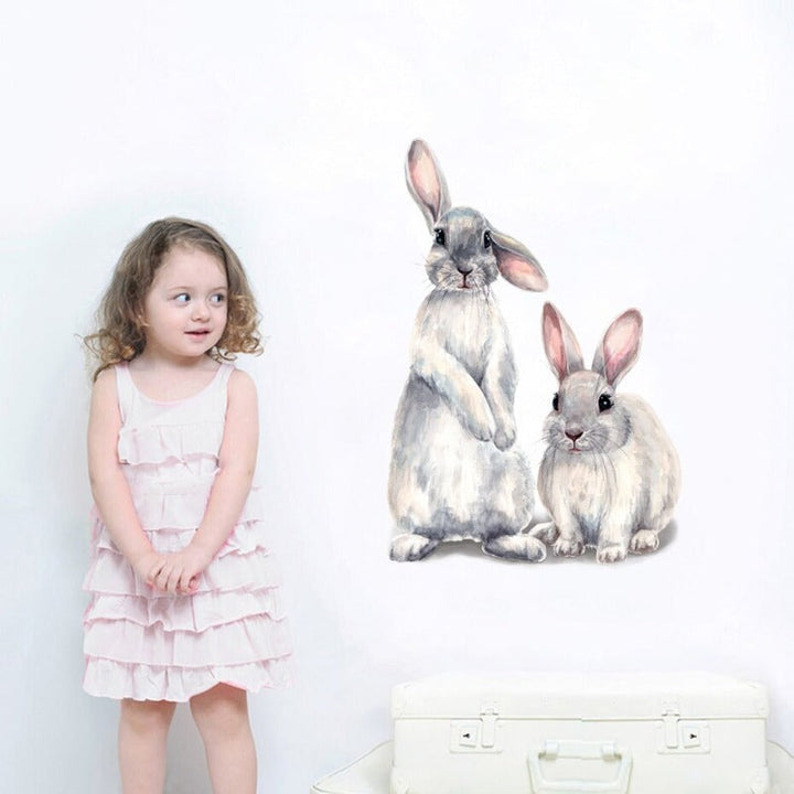 Watercolor Grey Baby Rabbits Floral - Removable Wall Decal | Bowlift