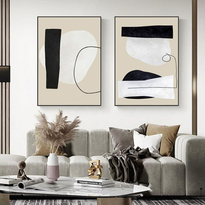 Abstract Geometric Beige & Black Lines - Canvas Wall Art Print | Bowlift