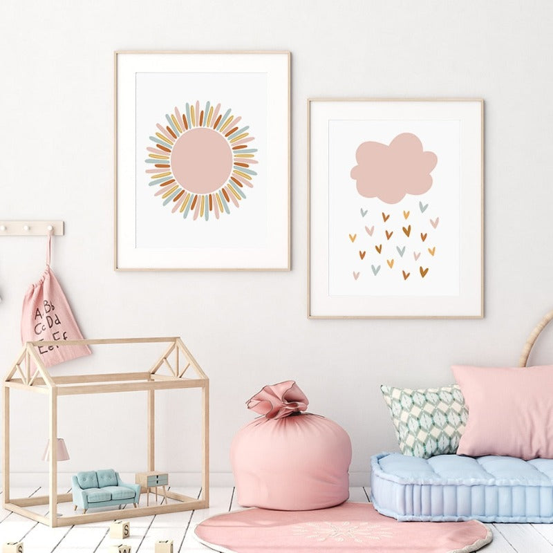 Boho Pink Rainbow Clouds Sunshine Nursery - Canvas Wall Art Print | Bowlift