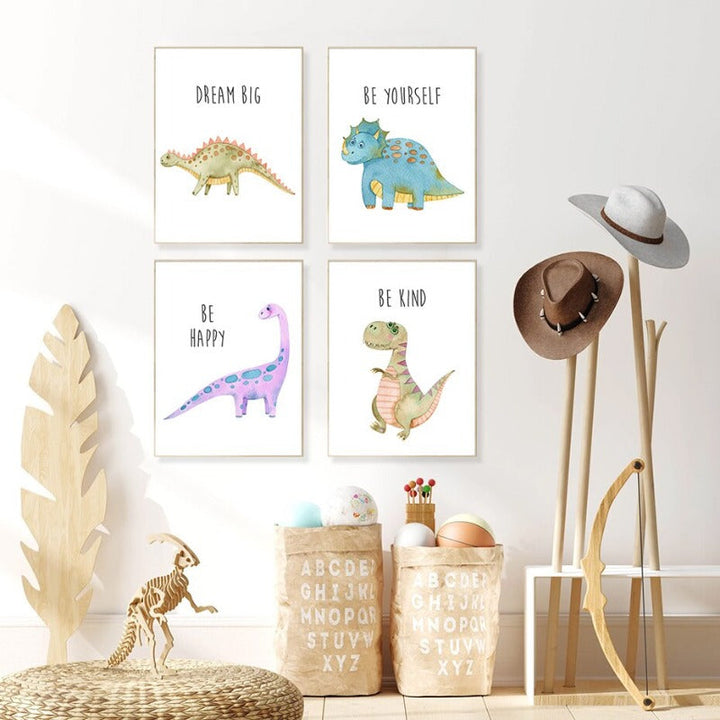 Cartoon Dinosaur Encouragement - Canvas Wall Art Print | Bowlift