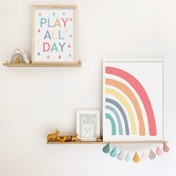Colorful Rainbow Raindrop Play All Day - Canvas Wall Art Print | Bowlift