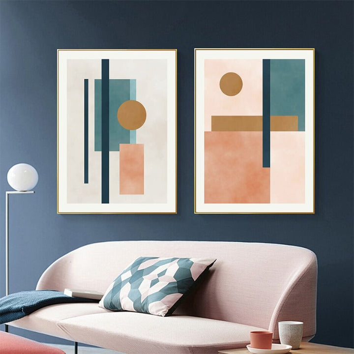 Modern Abstract Beige Pink Blue Geometric Shapes - Canvas Wall Art Print | Bowlift