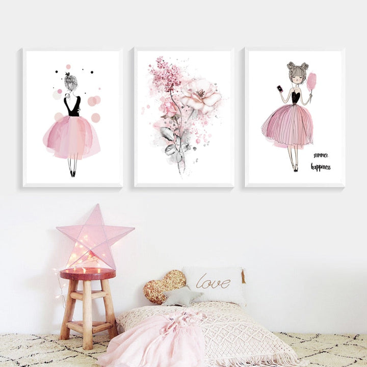 Pink Floral Watercolor Fairy Canvas Wall Art Print | Bowlift