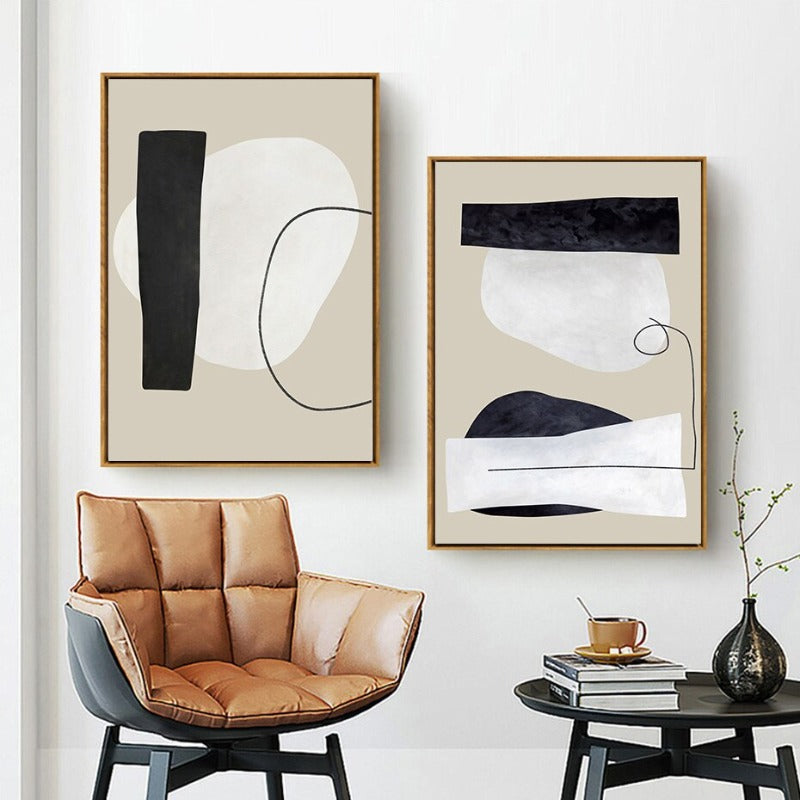 Abstract Geometric Beige & Black Lines - Canvas Wall Art Print | Bowlift