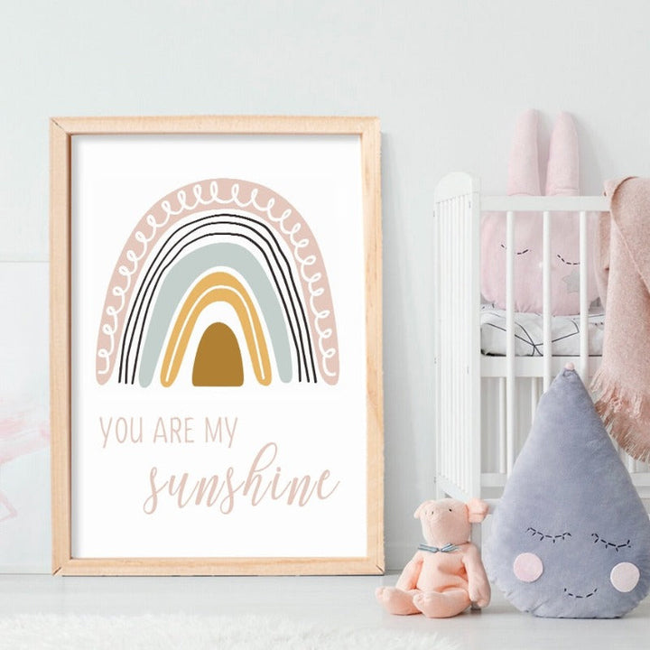 Boho Pink Rainbow Clouds Sunshine Nursery - Canvas Wall Art Print | Bowlift