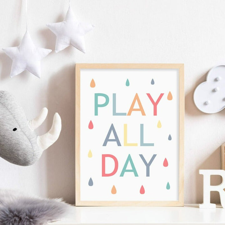 Colorful Rainbow Raindrop Play All Day - Canvas Wall Art Print | Bowlift