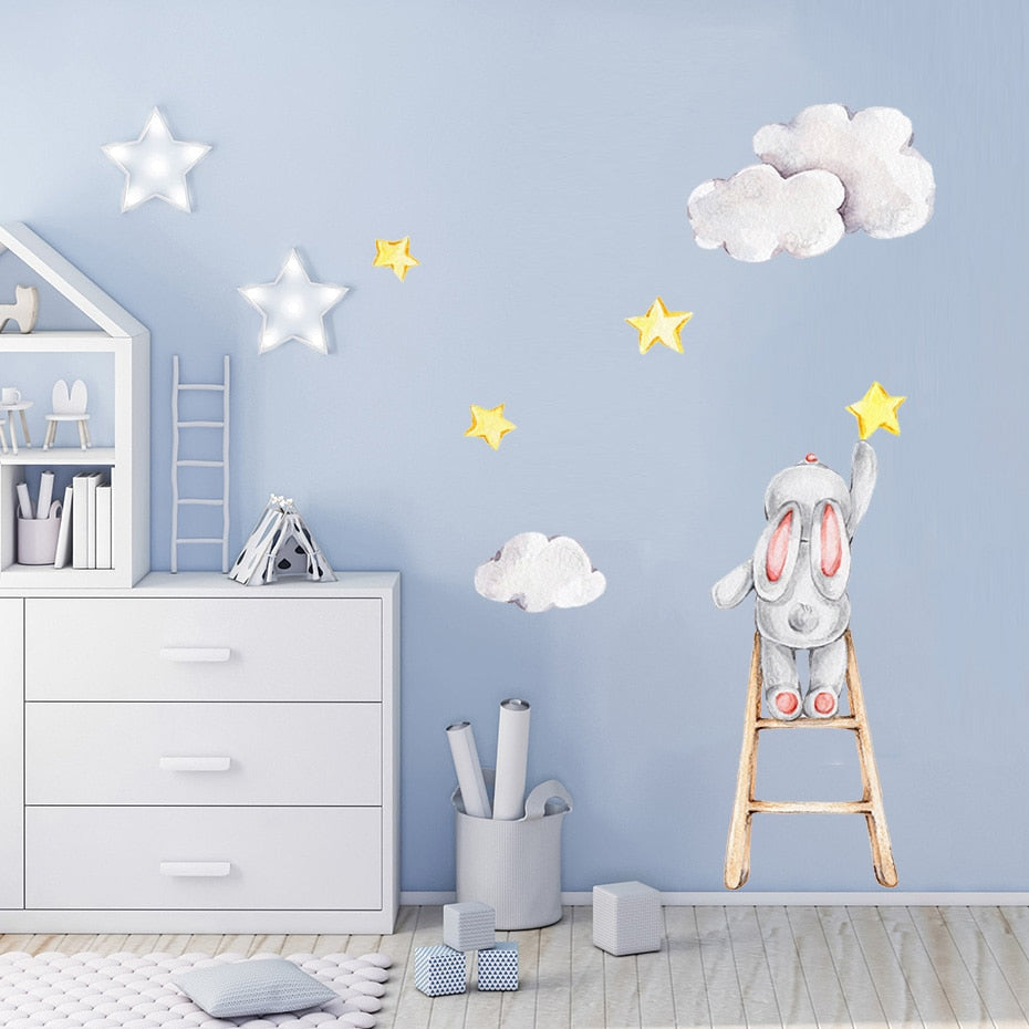 Cute Watercolor Bunny on the Stairs - Removable Wall Decal | Bowlift