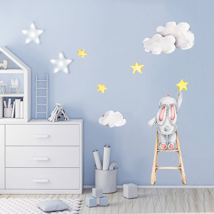 Cute Watercolor Bunny on the Stairs - Removable Wall Decal | Bowlift