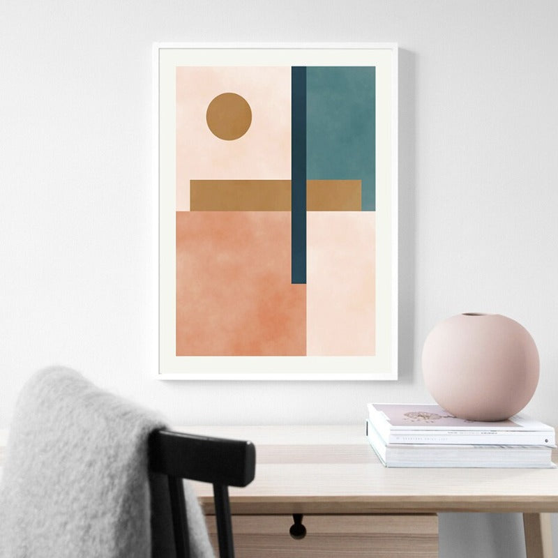 Modern Abstract Beige Pink Blue Geometric Shapes - Canvas Wall Art Print | Bowlift