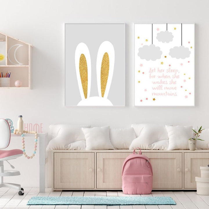 Modern Cartoon Pink Gold Heart Nursery - Canvas Wall Art Print | Bowlift