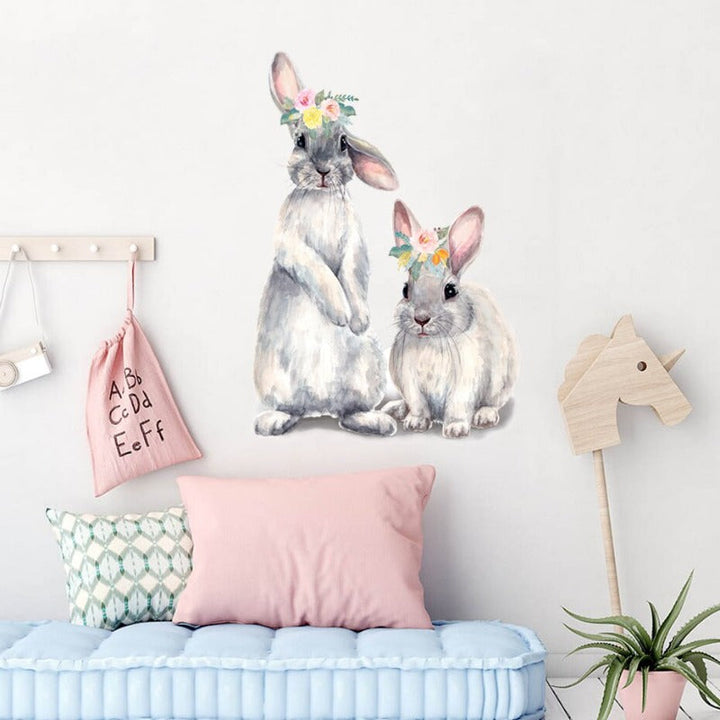 Watercolor Grey Baby Rabbits Floral - Removable Wall Decal | Bowlift