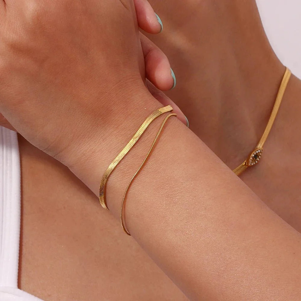 BowLift | Minimal Herringbone & Dainty Snake Chain Layered Bracelet