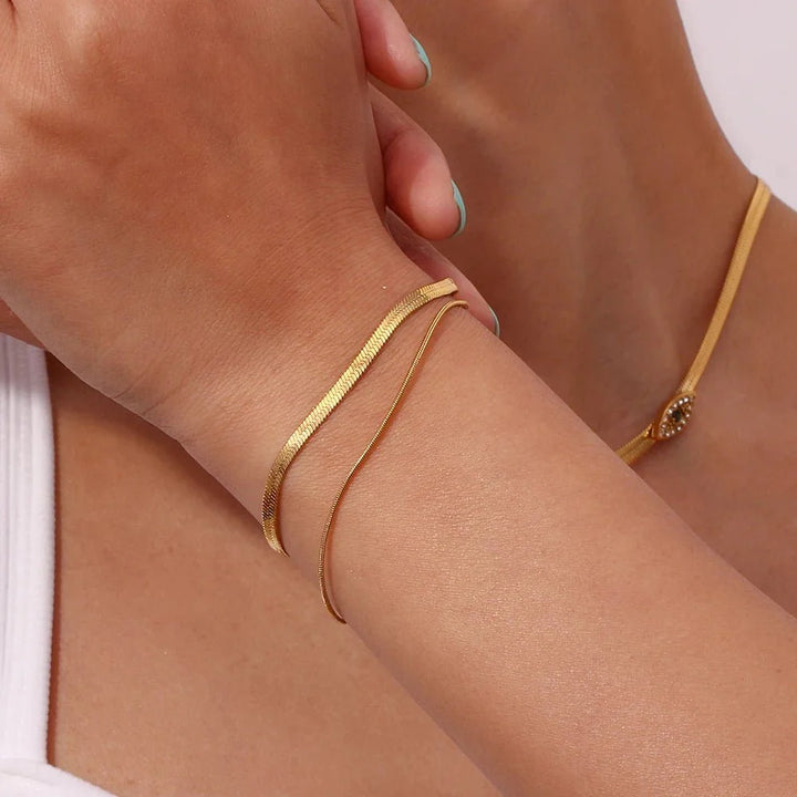 BowLift | Minimal Herringbone & Dainty Snake Chain Layered Bracelet