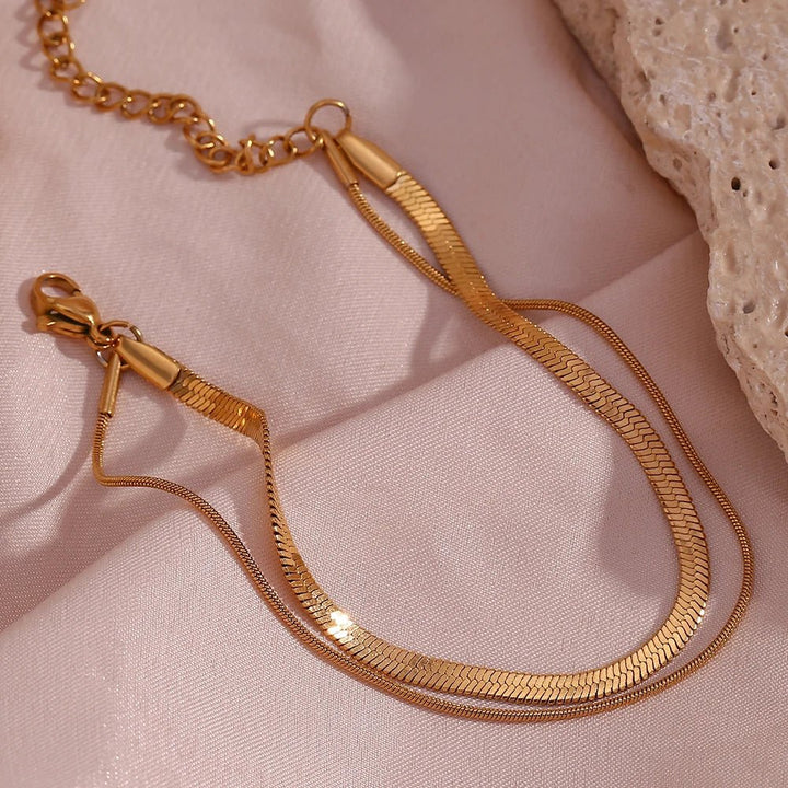 BowLift | Minimal Herringbone & Dainty Snake Chain Layered Bracelet