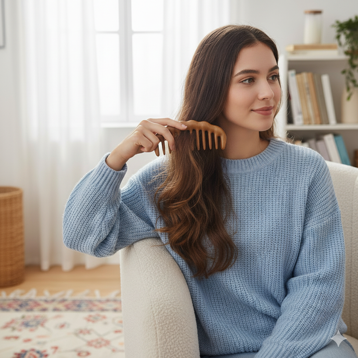Tooth Hair Comb – Breakage-Free Detangling – Golden Sandalwood – Anti-Static – Gentle Scalp Massage – Healthy Shine Bowlift