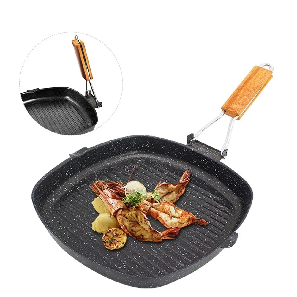 Nonstick Cast Iron Grill Pan Foldable Frying Pan with Wooden Handle | Bowlift
