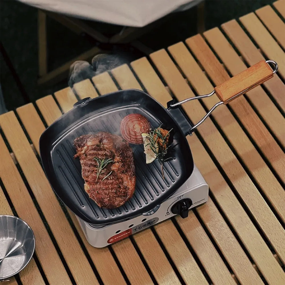 Nonstick Cast Iron Grill Pan Foldable Frying Pan with Wooden Handle | Bowlift