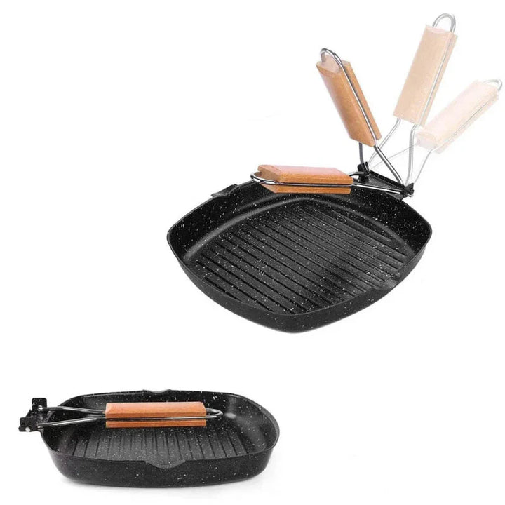Nonstick Cast Iron Grill Pan Foldable Frying Pan with Wooden Handle | Bowlift