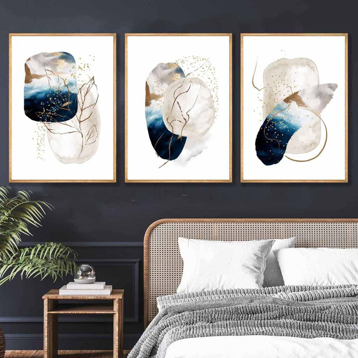 Abstract Textured Navy Blue, Ivory and Gold Set of 3 Wall Art Prints | Bowlift