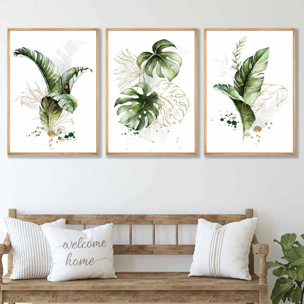 Botanical set of 3 green and golden floral wall art prints | Bowlift