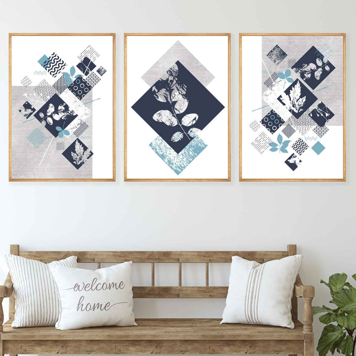 BOTANICAL Set of 3 abstract geometric navy blue and aqua colored flower prints | Bowlift
