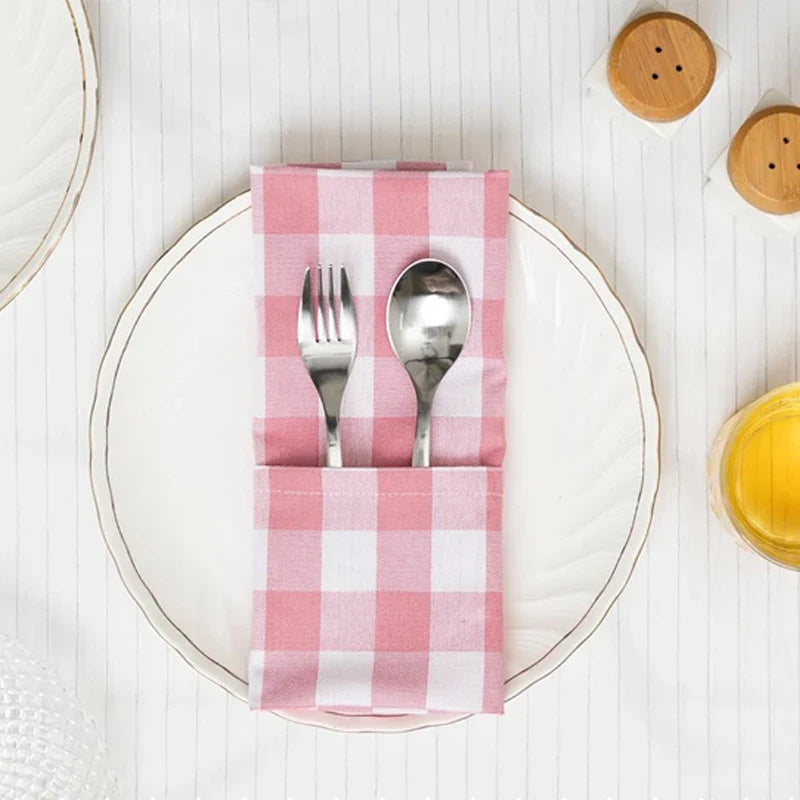 Pink Checkered Cloth Napkins Polyester Washable Table Dinning Napkins | Bowlift