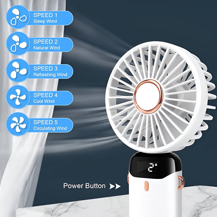 BowLift | Rechargeable Handheld Mini Fan | 5-Speed, 90-Degree Adjustable & Quiet for Office, Home & Outdoor Use