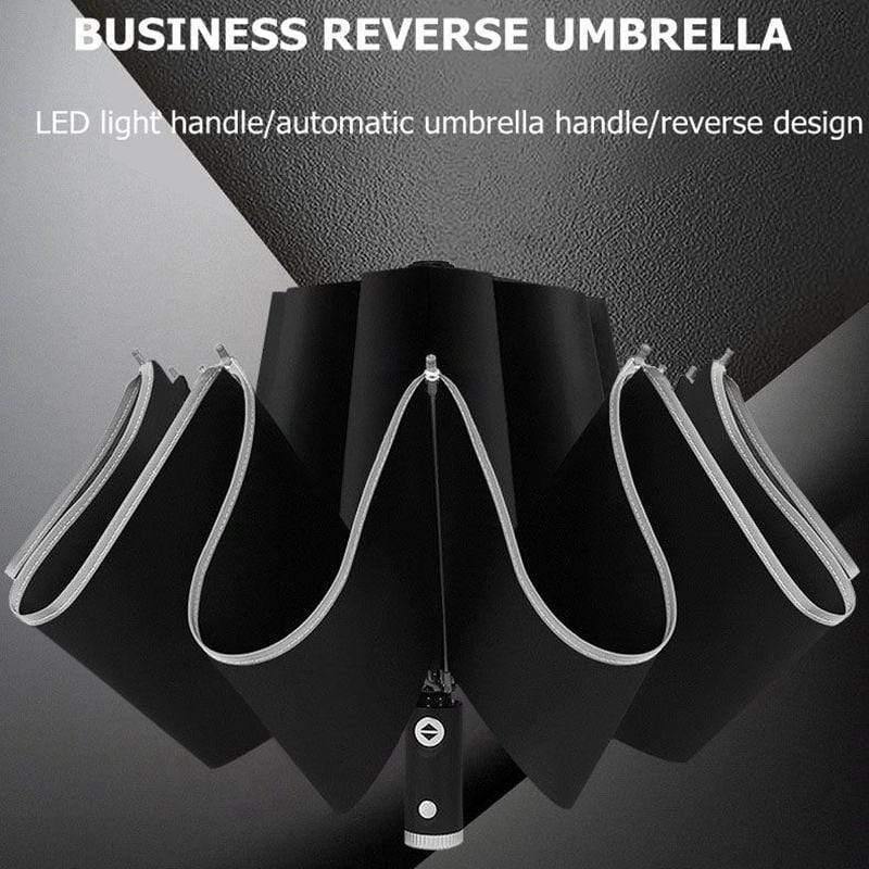 BowLift | Automatic reverse LED light umbrella with reflective strip, three-fold foldable, inverted, 10 ribs, windproof umbrellas for travel