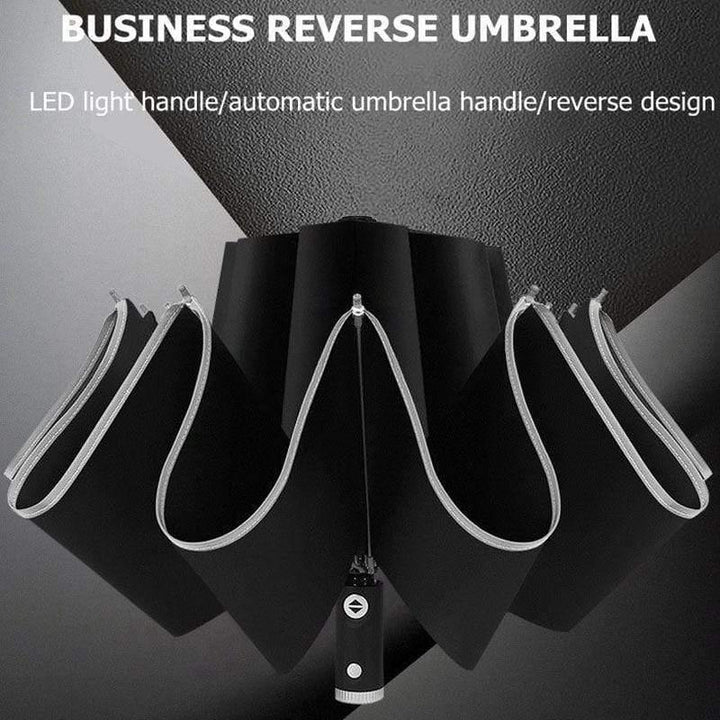 BowLift | Automatic reverse LED light umbrella with reflective strip, three-fold foldable, inverted, 10 ribs, windproof umbrellas for travel