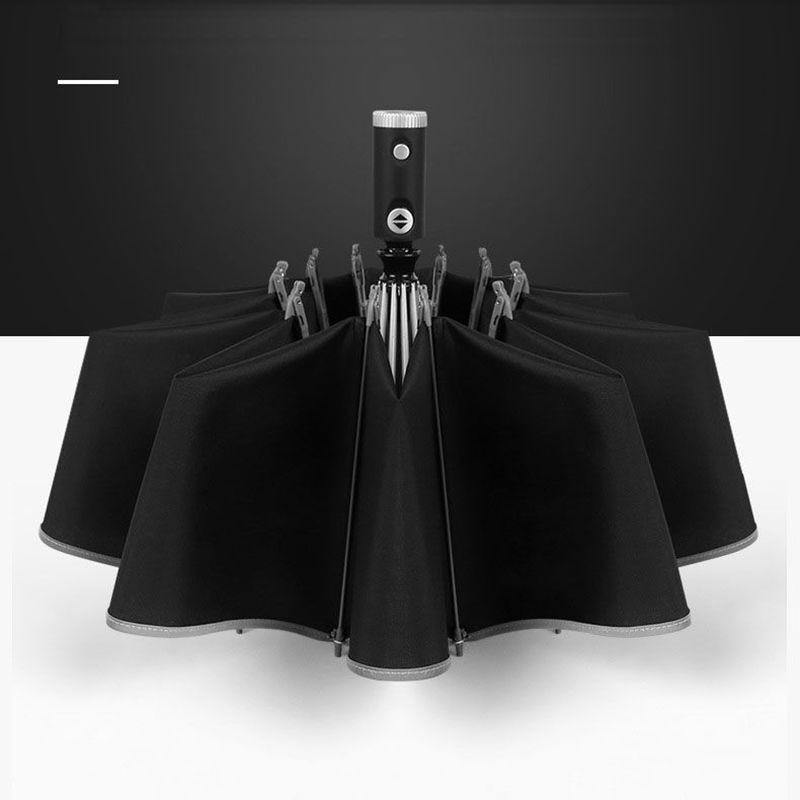 BowLift | Automatic reverse LED light umbrella with reflective strip, three-fold foldable, inverted, 10 ribs, windproof umbrellas for travel