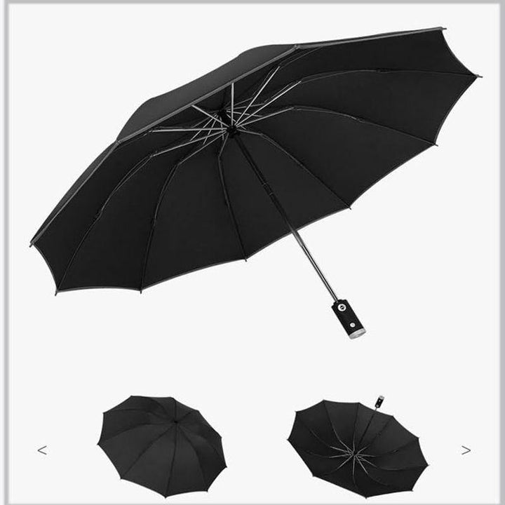 BowLift | Automatic reverse LED light umbrella with reflective strip, three-fold foldable, inverted, 10 ribs, windproof umbrellas for travel