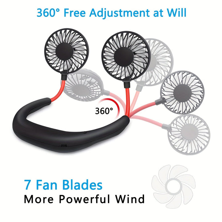 1pc USB Rechargeable Portable Neck Fan - Hands-Free Personal Wear Fan with 360° Adjustable 3-Speed Settings for Travel, Office, Home, and Outdoor Use | Bowlift